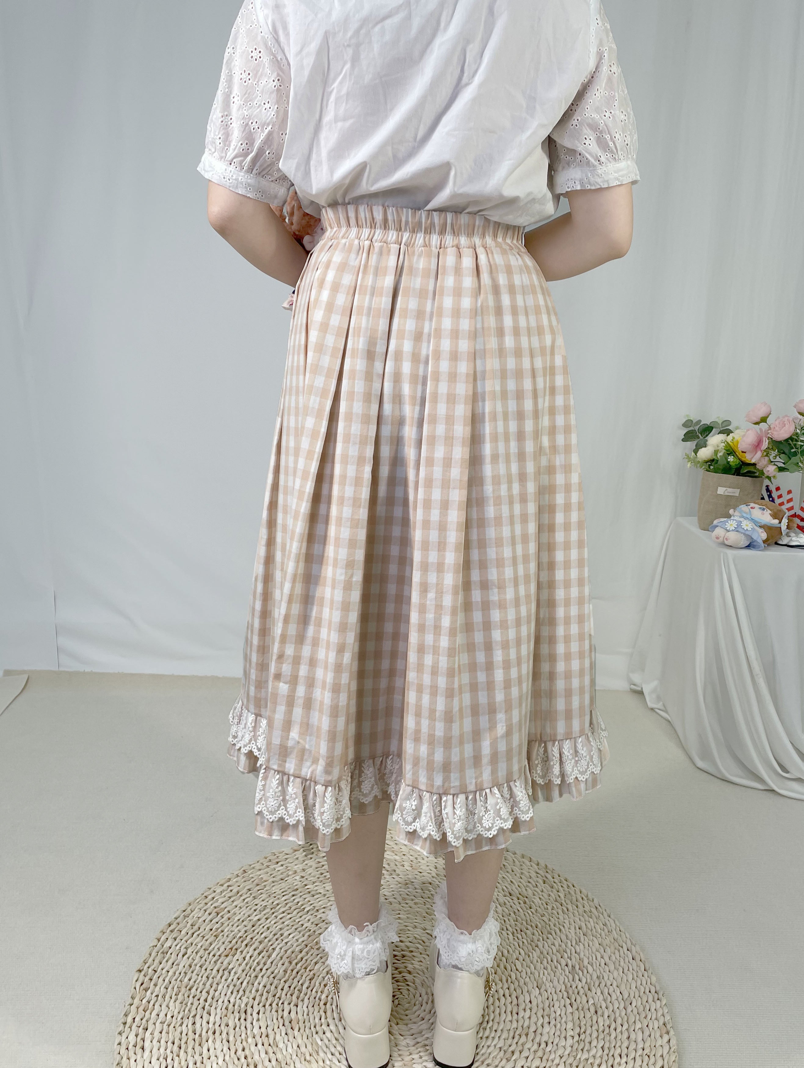 Long Elastic Waist Calf Length Ruffled Hem Pleated All-match Skirt Blue Plaid with Lace Edge